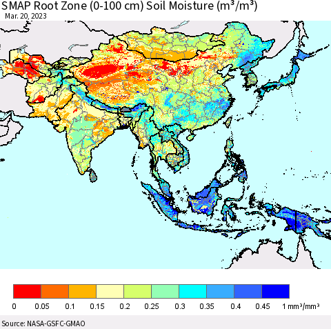 Asia SMAP Root Zone (0-100 cm) Soil Moisture (m³/m³) Thematic Map For 3/16/2023 - 3/20/2023