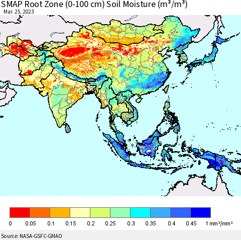 Asia SMAP Root Zone (0-100 cm) Soil Moisture (m³/m³) Thematic Map For 3/21/2023 - 3/25/2023