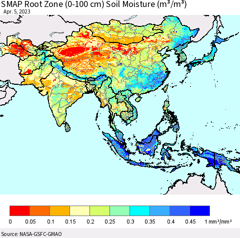 Asia SMAP Root Zone (0-100 cm) Soil Moisture (m³/m³) Thematic Map For 4/1/2023 - 4/5/2023