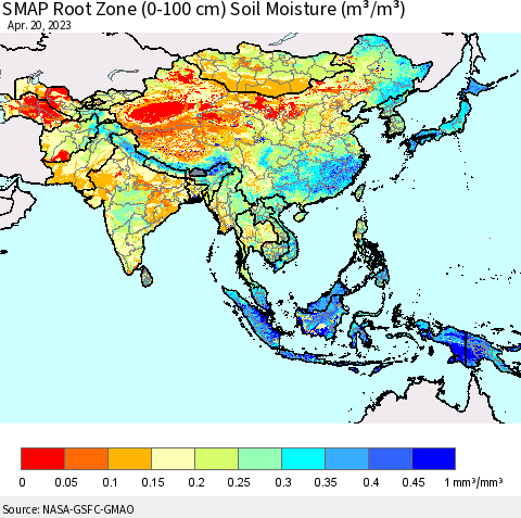 Asia SMAP Root Zone (0-100 cm) Soil Moisture (m³/m³) Thematic Map For 4/16/2023 - 4/20/2023