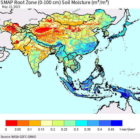 Asia SMAP Root Zone (0-100 cm) Soil Moisture (m³/m³) Thematic Map For 5/11/2023 - 5/15/2023