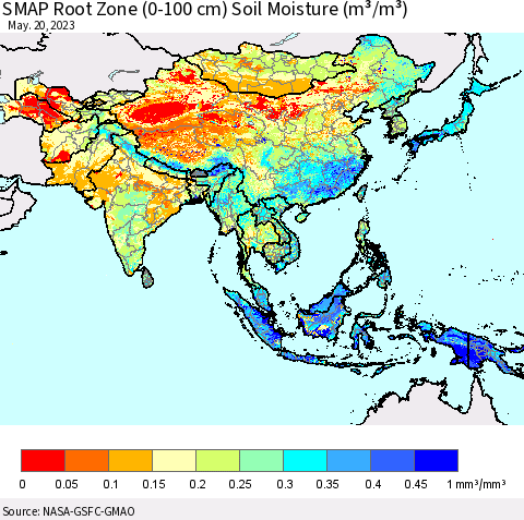 Asia SMAP Root Zone (0-100 cm) Soil Moisture (m³/m³) Thematic Map For 5/16/2023 - 5/20/2023
