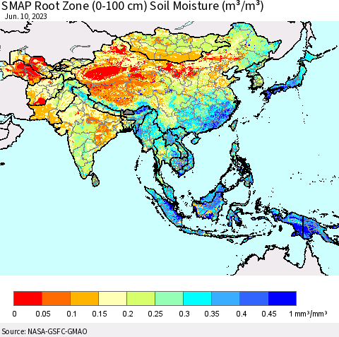 Asia SMAP Root Zone (0-100 cm) Soil Moisture (m³/m³) Thematic Map For 6/6/2023 - 6/10/2023