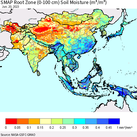 Asia SMAP Root Zone (0-100 cm) Soil Moisture (m³/m³) Thematic Map For 6/16/2023 - 6/20/2023