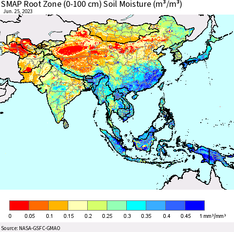 Asia SMAP Root Zone (0-100 cm) Soil Moisture (m³/m³) Thematic Map For 6/21/2023 - 6/25/2023