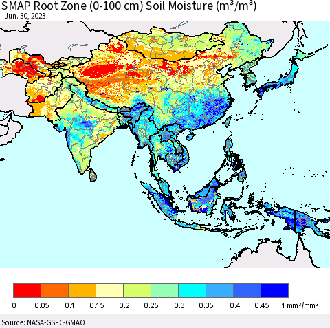 Asia SMAP Root Zone (0-100 cm) Soil Moisture (m³/m³) Thematic Map For 6/26/2023 - 6/30/2023