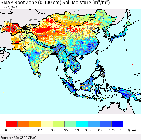 Asia SMAP Root Zone (0-100 cm) Soil Moisture (m³/m³) Thematic Map For 7/1/2023 - 7/5/2023
