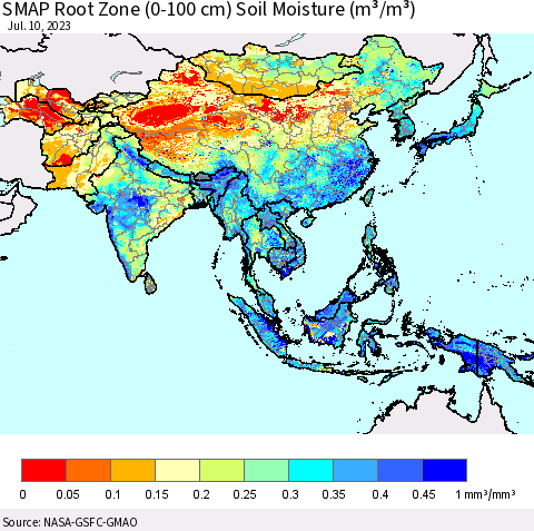 Asia SMAP Root Zone (0-100 cm) Soil Moisture (m³/m³) Thematic Map For 7/6/2023 - 7/10/2023