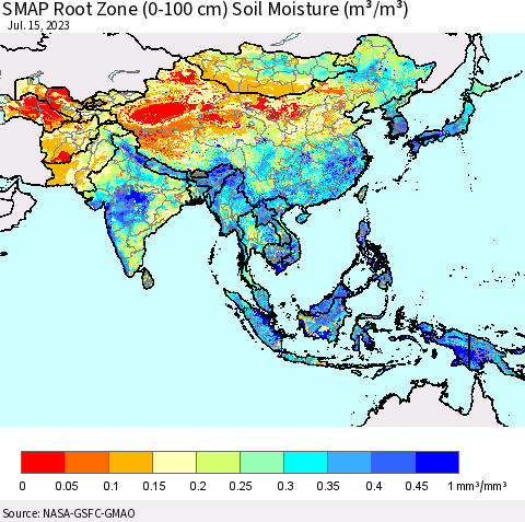 Asia SMAP Root Zone (0-100 cm) Soil Moisture (m³/m³) Thematic Map For 7/11/2023 - 7/15/2023