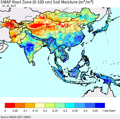 Asia SMAP Root Zone (0-100 cm) Soil Moisture (m³/m³) Thematic Map For 7/16/2023 - 7/20/2023