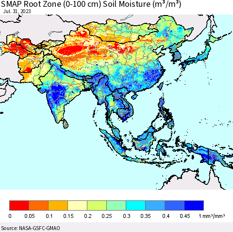 Asia SMAP Root Zone (0-100 cm) Soil Moisture (m³/m³) Thematic Map For 7/26/2023 - 7/31/2023