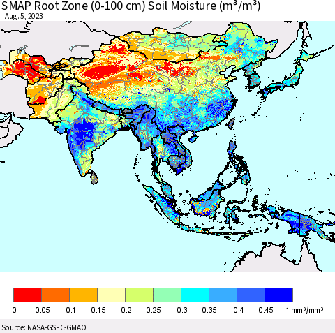 Asia SMAP Root Zone (0-100 cm) Soil Moisture (m³/m³) Thematic Map For 8/1/2023 - 8/5/2023