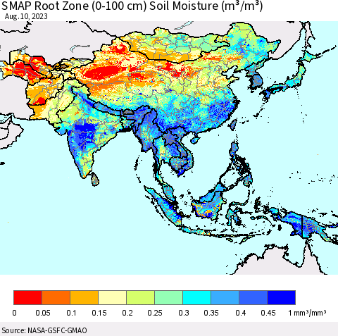 Asia SMAP Root Zone (0-100 cm) Soil Moisture (m³/m³) Thematic Map For 8/6/2023 - 8/10/2023