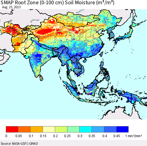 Asia SMAP Root Zone (0-100 cm) Soil Moisture (m³/m³) Thematic Map For 8/21/2023 - 8/25/2023