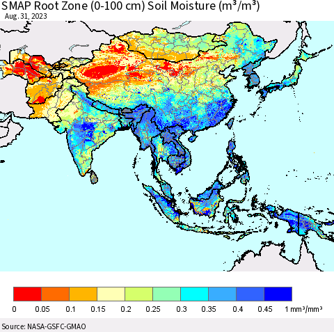 Asia SMAP Root Zone (0-100 cm) Soil Moisture (m³/m³) Thematic Map For 8/26/2023 - 8/31/2023
