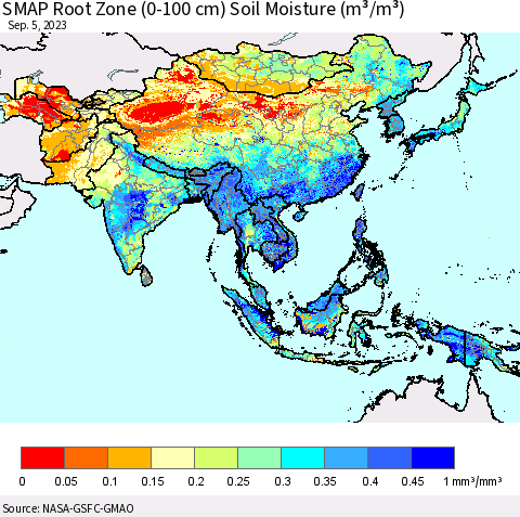Asia SMAP Root Zone (0-100 cm) Soil Moisture (m³/m³) Thematic Map For 9/1/2023 - 9/5/2023