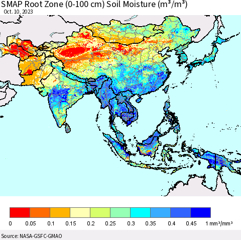 Asia SMAP Root Zone (0-100 cm) Soil Moisture (m³/m³) Thematic Map For 10/6/2023 - 10/10/2023