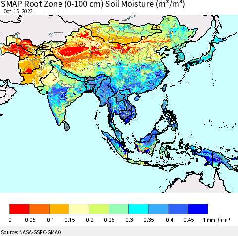 Asia SMAP Root Zone (0-100 cm) Soil Moisture (m³/m³) Thematic Map For 10/11/2023 - 10/15/2023