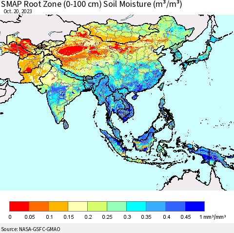 Asia SMAP Root Zone (0-100 cm) Soil Moisture (m³/m³) Thematic Map For 10/16/2023 - 10/20/2023