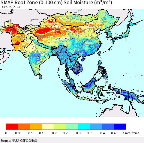 Asia SMAP Root Zone (0-100 cm) Soil Moisture (m³/m³) Thematic Map For 10/21/2023 - 10/25/2023