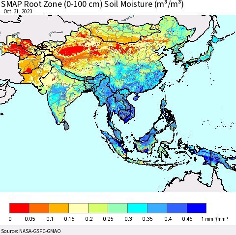Asia SMAP Root Zone (0-100 cm) Soil Moisture (m³/m³) Thematic Map For 10/26/2023 - 10/31/2023