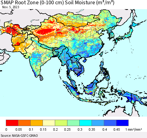 Asia SMAP Root Zone (0-100 cm) Soil Moisture (m³/m³) Thematic Map For 11/1/2023 - 11/5/2023