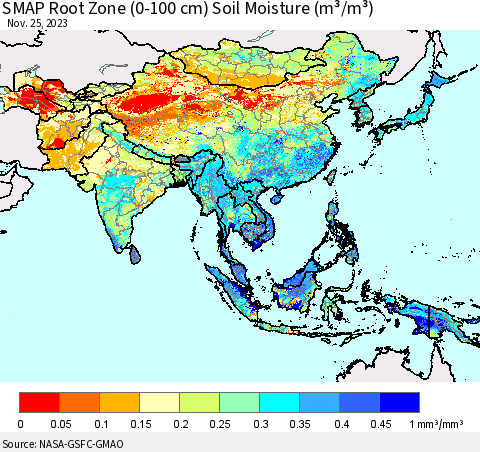 Asia SMAP Root Zone (0-100 cm) Soil Moisture (m³/m³) Thematic Map For 11/21/2023 - 11/25/2023