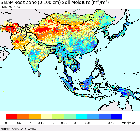 Asia SMAP Root Zone (0-100 cm) Soil Moisture (m³/m³) Thematic Map For 11/26/2023 - 11/30/2023
