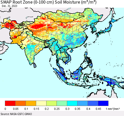 Asia SMAP Root Zone (0-100 cm) Soil Moisture (m³/m³) Thematic Map For 12/26/2023 - 12/31/2023