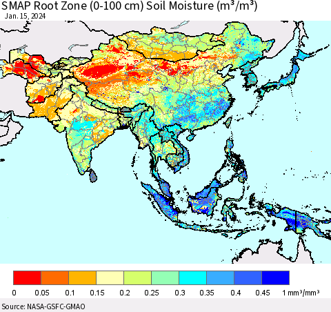 Asia SMAP Root Zone (0-100 cm) Soil Moisture (m³/m³) Thematic Map For 1/11/2024 - 1/15/2024