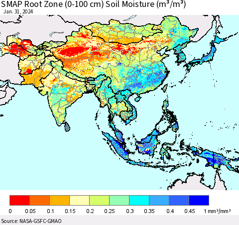 Asia SMAP Root Zone (0-100 cm) Soil Moisture (m³/m³) Thematic Map For 1/26/2024 - 1/31/2024
