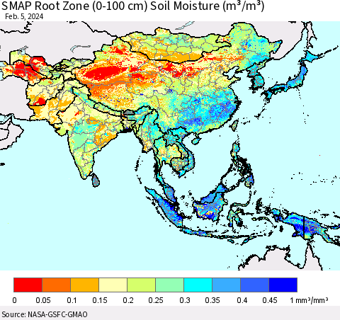 Asia SMAP Root Zone (0-100 cm) Soil Moisture (m³/m³) Thematic Map For 2/1/2024 - 2/5/2024