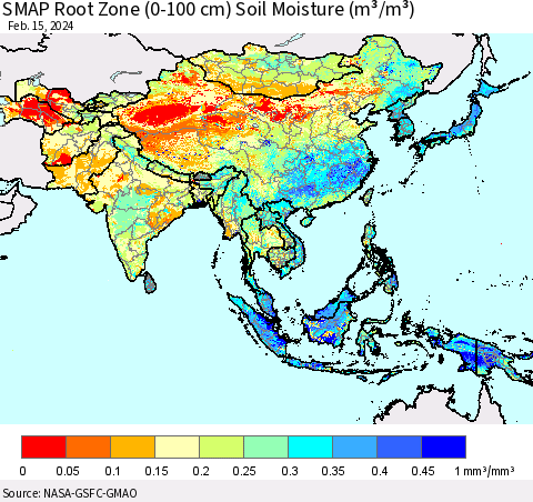 Asia SMAP Root Zone (0-100 cm) Soil Moisture (m³/m³) Thematic Map For 2/11/2024 - 2/15/2024
