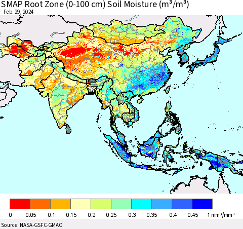 Asia SMAP Root Zone (0-100 cm) Soil Moisture (m³/m³) Thematic Map For 2/26/2024 - 2/29/2024