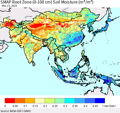 Asia SMAP Root Zone (0-100 cm) Soil Moisture (m³/m³) Thematic Map For 3/11/2024 - 3/15/2024
