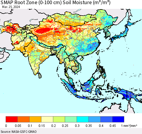 Asia SMAP Root Zone (0-100 cm) Soil Moisture (m³/m³) Thematic Map For 3/21/2024 - 3/25/2024