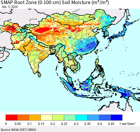 Asia SMAP Root Zone (0-100 cm) Soil Moisture (m³/m³) Thematic Map For 4/1/2024 - 4/5/2024