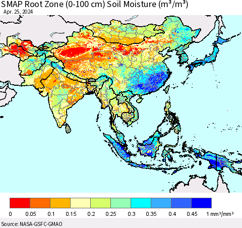 Asia SMAP Root Zone (0-100 cm) Soil Moisture (m³/m³) Thematic Map For 4/21/2024 - 4/25/2024