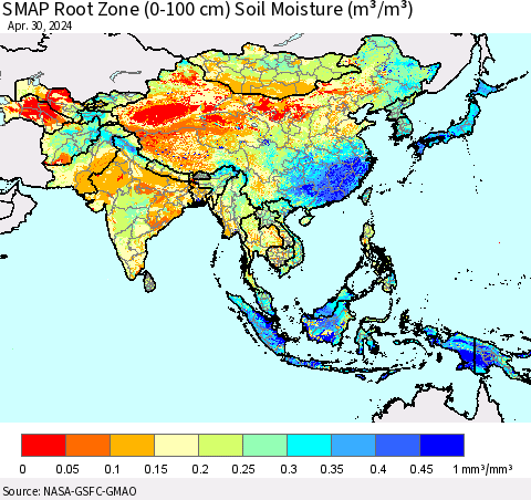 Asia SMAP Root Zone (0-100 cm) Soil Moisture (m³/m³) Thematic Map For 4/26/2024 - 4/30/2024