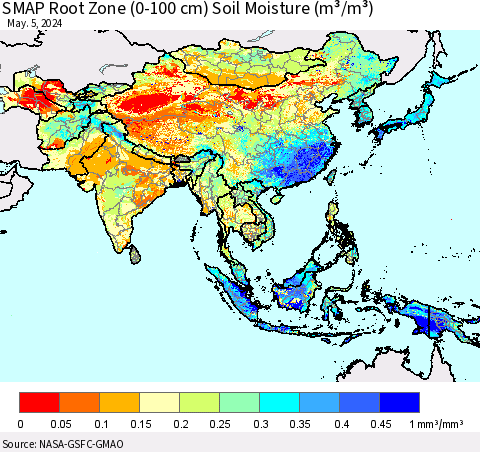 Asia SMAP Root Zone (0-100 cm) Soil Moisture (m³/m³) Thematic Map For 5/1/2024 - 5/5/2024
