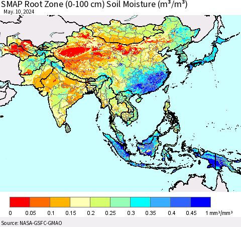 Asia SMAP Root Zone (0-100 cm) Soil Moisture (m³/m³) Thematic Map For 5/6/2024 - 5/10/2024