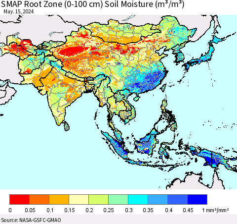 Asia SMAP Root Zone (0-100 cm) Soil Moisture (m³/m³) Thematic Map For 5/11/2024 - 5/15/2024