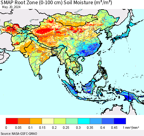 Asia SMAP Root Zone (0-100 cm) Soil Moisture (m³/m³) Thematic Map For 5/16/2024 - 5/20/2024
