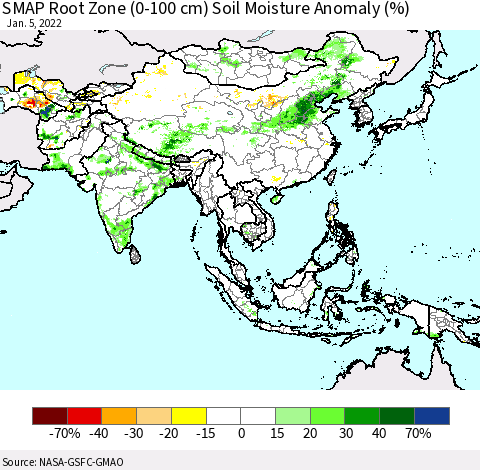 Asia SMAP Root Zone (0-100 cm) Soil Moisture Anomaly (%) Thematic Map For 1/1/2022 - 1/5/2022