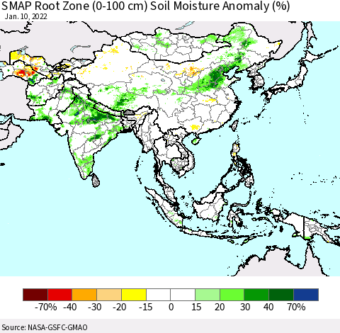 Asia SMAP Root Zone (0-100 cm) Soil Moisture Anomaly (%) Thematic Map For 1/6/2022 - 1/10/2022