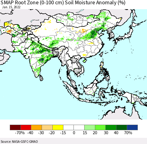Asia SMAP Root Zone (0-100 cm) Soil Moisture Anomaly (%) Thematic Map For 1/11/2022 - 1/15/2022
