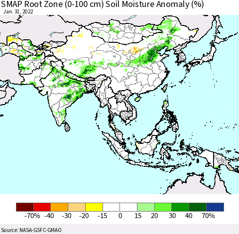 Asia SMAP Root Zone (0-100 cm) Soil Moisture Anomaly (%) Thematic Map For 1/26/2022 - 1/31/2022
