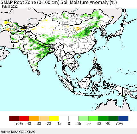 Asia SMAP Root Zone (0-100 cm) Soil Moisture Anomaly (%) Thematic Map For 2/1/2022 - 2/5/2022