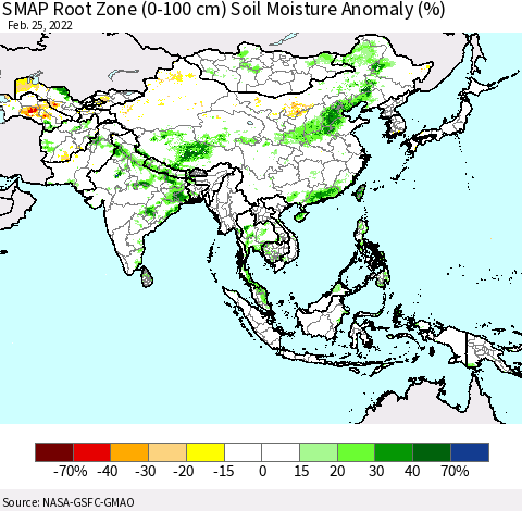 Asia SMAP Root Zone (0-100 cm) Soil Moisture Anomaly (%) Thematic Map For 2/21/2022 - 2/25/2022