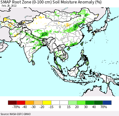 Asia SMAP Root Zone (0-100 cm) Soil Moisture Anomaly (%) Thematic Map For 2/26/2022 - 2/28/2022